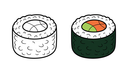 Simple cartoon of a maki sushi roll and its outline on a white background food japanese © Creative Tania