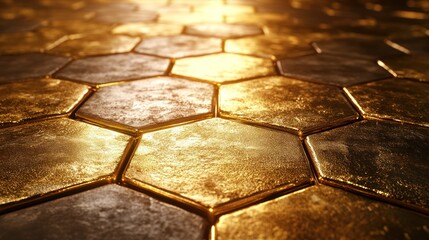 Golden hexagonal tiles with light reflecting