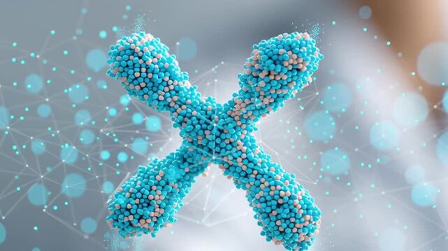 Blue chromosome molecular model floating above open hand. genetics dna molecular model in laboratory science research showing gene network connection and clinical innovation