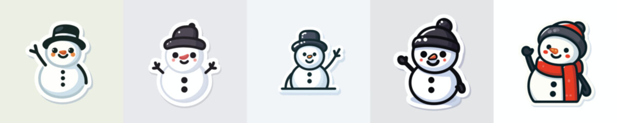 Waving snowman sticker. Vector, minimalist, illustration, icon set.