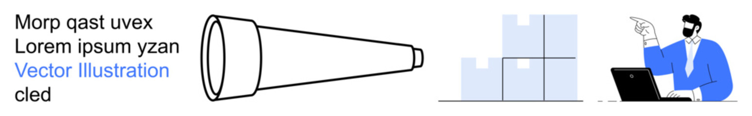 Business planning, supply chain management, logistics, market analysis, goal setting, decision-making. Telescope, bar chart person working on laptop. Business planning and supply chain management
