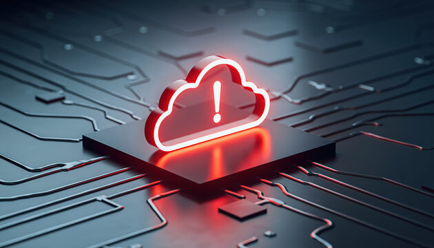 Cloud computing security risk alert over digital circuit board, red neon cloud icon warning on dark technology background