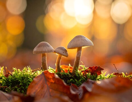 Three small mushrooms grow from the forest floor, autumn light beams