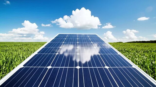 Solar panels are installed in a green field under a blue sky with clouds.