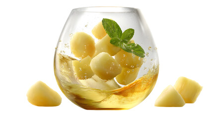 A tropical drink composition presents a golden pineapple rum cocktail isolated on white PNG