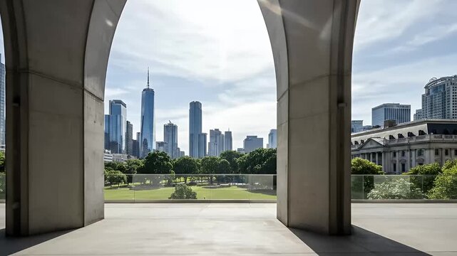 A breathtaking panoramic view of a modern urban skyline is dynamically revealed through the elegant, repeating arches of contemporary architecture. The camera smoothly glides, showcasing a vibrant cit