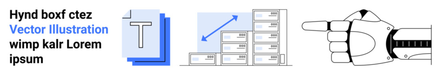 Artificial intelligence, technology progress, digital communication, robotics, data growth, storage solutions. Robotic hand pointing with a chart and text elements. AI and technology progress concept