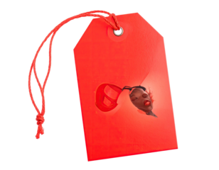 A red tag with a hole revealing a person's face