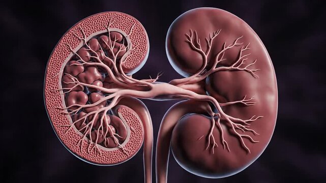 3D animated cross-section of a rotating human kidney, revealing internal structures and blood vessels.