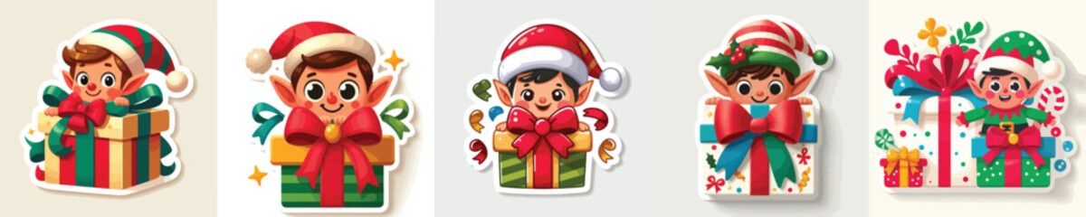 Christmas elf sticker peeking out from behind a gift box. Vector, minimalist, illustration, icon set.