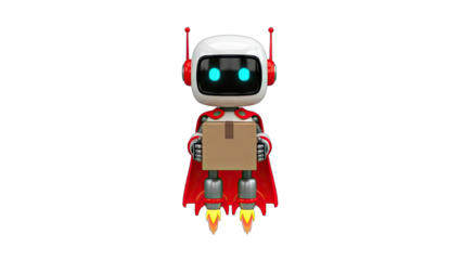 Robot Superhero Delivering Package on White Background