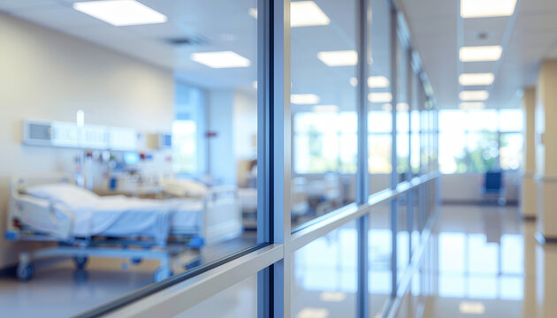 Hospital corridor empty ward intensive care unit medical bed clean interior bright lighting pandemic preparedness healthcare modern facility hospital corridor with empty ward and medical bed shows
