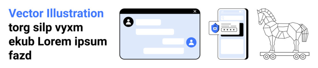 Obraz premium Cybersecurity, data protection, phishing prevention, secure login, online safety, Trojan threats. Chat interface, phone with secure shield and Trojan horse icon. Cybersecurity and data protection