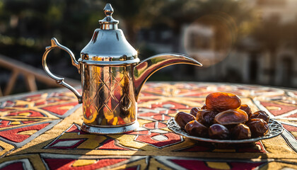 Arabic coffee pot silver dallah date fruit traditional table uae national day celebration with silver arabic coffee pot and sweet date fruit patterned table warm golden sunset light middle east
