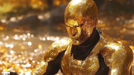 Golden warrior figure in forest setting