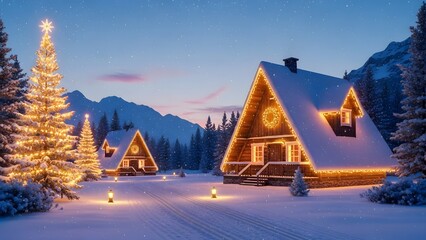 Cozy snow covered a frame houses with christmas lights in a serene winter landscape at dusk with mountains