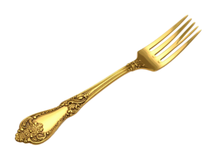 Ornate golden fork angled against a black background