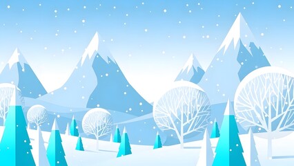 Snowy mountain landscape with trees and snowflakes falling gently in the background of a serene winter wonderland scene