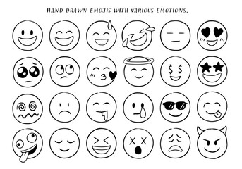 手描きのベクタースケッチ風の落書き絵文字。笑顔、悲しみ、涙などの感情を表現。コミック要素。