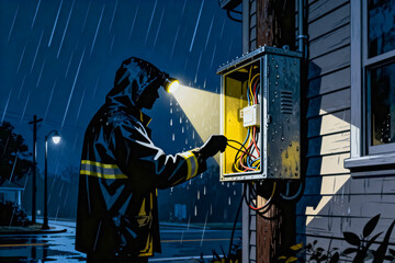A silhouette of an electrician in a raincoat and headlamp works outside at night in pouring rain on a residential utility pole and outdoor electrical box, fixing wiring during a storm