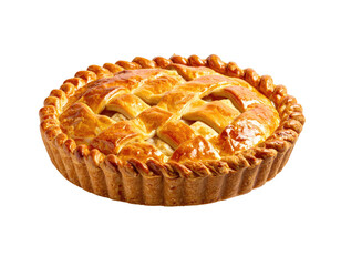 Golden baked pie with lattice crust, on a black backdrop