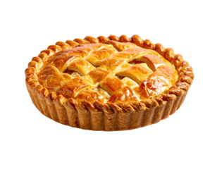 Golden baked pie with lattice crust, on a black backdrop