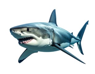 A powerful white and gray shark showing menacing teeth
