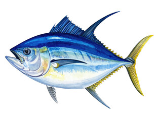 Obraz premium Watercolor illustration of a sleek, blue and yellow tuna fish, side view