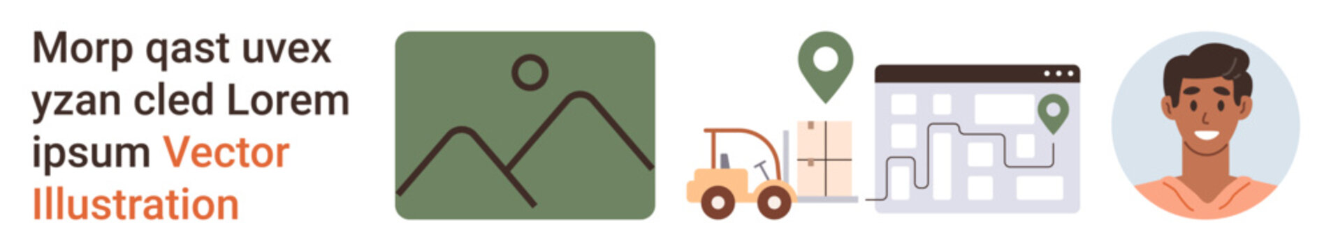 Logistics planning, navigation systems, map-based services, delivery solutions, user profiles, digital media. A delivery vehicle, map gallery icon and avatar. Logistics and navigation systems