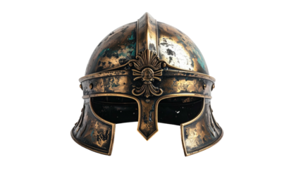 Aged bronze helmet with skull adornment