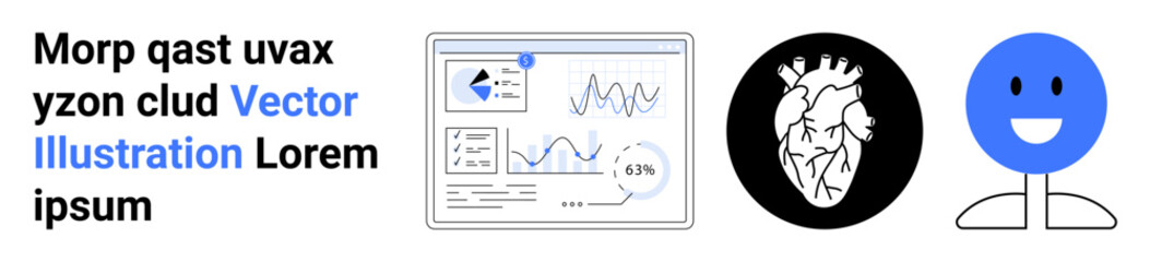 Fototapeta premium Medical research, healthcare technology, data visualization, biometrics, analytics, education. Combination of information dashboard, heart diagram and happy face. Medical research and healthcare