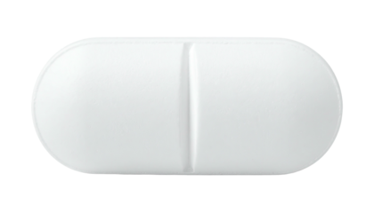 Close-up of a white, oblong tablet with a scored line
