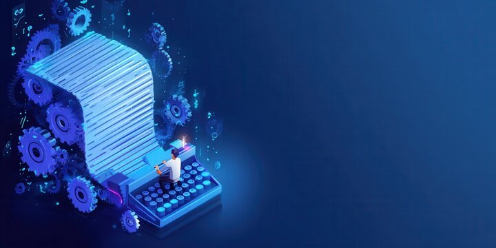A futuristic coaching module where an assistant mentors a user typing a document capturing management strategy and innovation concepts