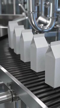 Automated Carton Packaging Line With White Gable Top Cartons on Curved Conveyor in Modern Beverage Factory