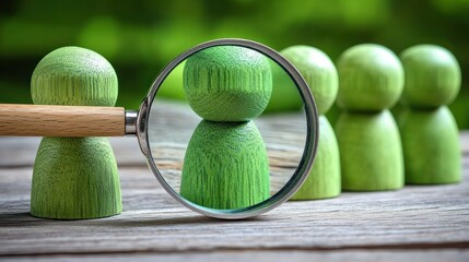 Green wooden figures, magnified by magnifying glass