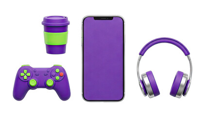 Purple Tech Setup: Coffee, Phone, Controller, Headphones © efendyfairuzylfu