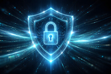 Digital cybersecurity shield with padlock icon protecting data flow in a futuristic blue light abstract background.