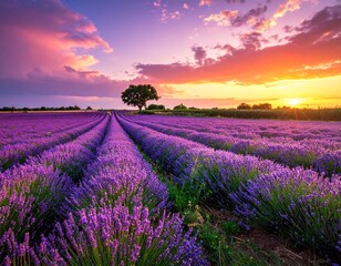 Stunning landscape with lavender field at sunset