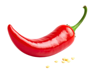 Vivid red pepper with a green stem and scattered seeds on black