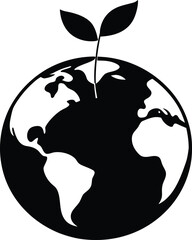 Black silhouette of planet Earth with a green sprout growing from the top on a white background