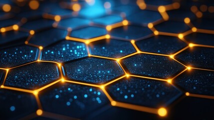 Hexagonal grid with glowing gold lines, dark blue background