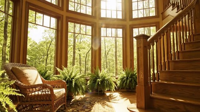  Cinematic wide shot of a sunlit high-ceilinged sunroom featuring an ornate wooden staircase and large windows framing a lush green forest outside. A wicker armchair sits beside potted plants