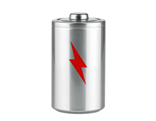 Silver cylindrical cell with a red lightning bolt symbol on its side