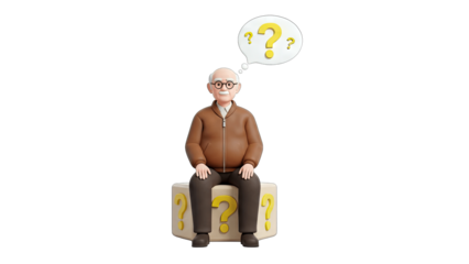 Elderly Man Thinking with Question Marks in Thought Bubble