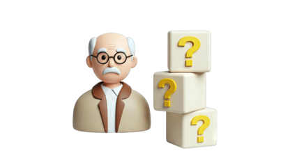 Elderly Man with Question Blocks - Concept of Doubt and Inquiry