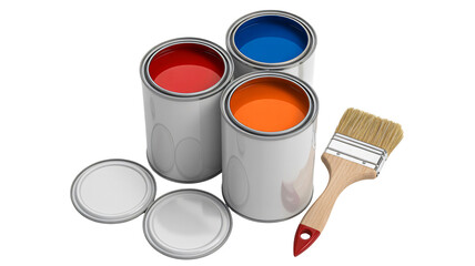 Three open cans of vibrant primary color paint with a wooden brush and detached lids