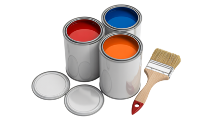 Three open cans of vibrant primary color paint with a wooden brush and detached lids