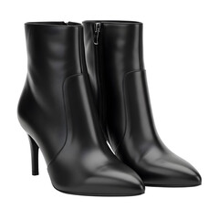 Black leather stiletto ankle boots with side zipper on transparent background