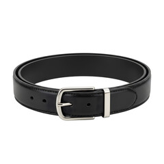 Black leather dress belt with polished silver buckle on transparent background
