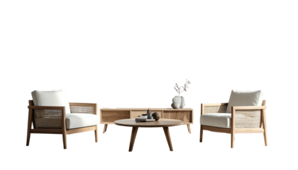 Modern living room setup chairs, table, console, and decorative elements